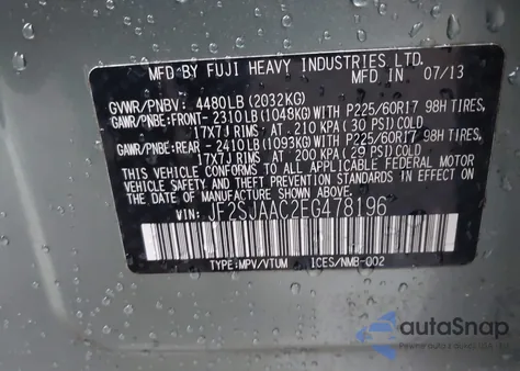 2014 Subaru Forester 2.5I из США, поврежденный, VIN JF2SJAAC2EG478196